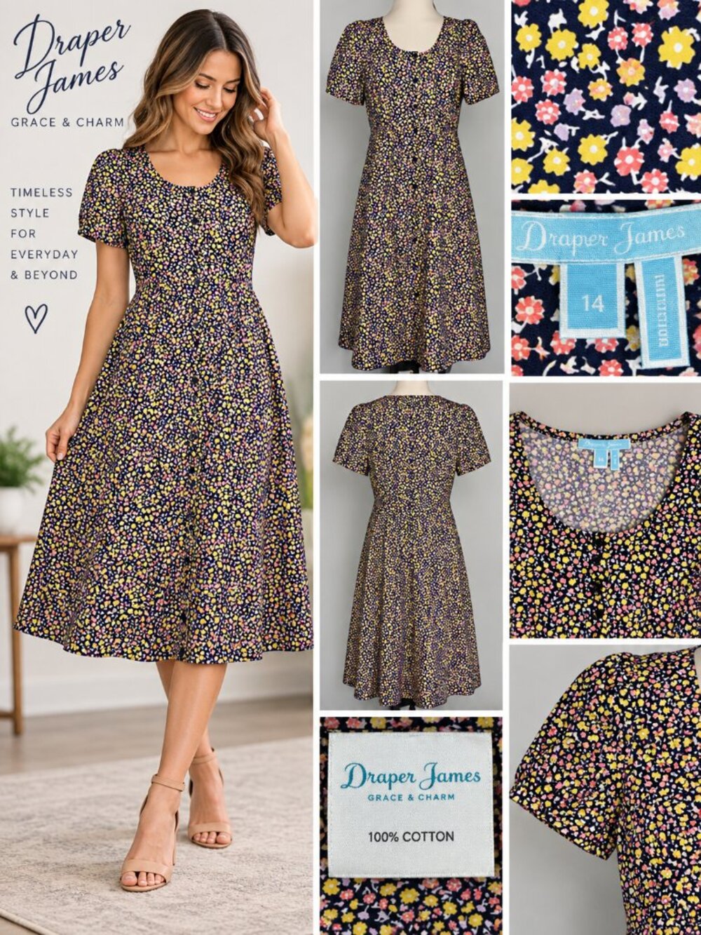 Draper James Grace & Charm Navy Floral Cotton Midi Dress Women’s Size 14